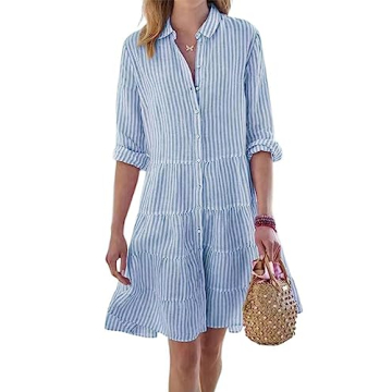 utcoco Womens Striped Button Down Midi Shirt Dress Casual Loose Cuffed Long Sleeve Mid Long Dresses (Medium, Blue)