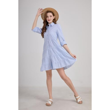 utcoco Womens Striped Button Down Midi Shirt Dress Casual Loose Cuffed Long Sleeve Mid Long Dresses (Medium, Blue)