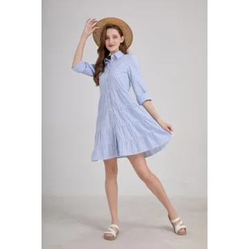 utcoco Womens Striped Button Down Midi Shirt Dress Casual Loose Cuffed Long Sleeve Mid Long Dresses (Medium, Blue)