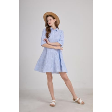 utcoco Womens Striped Button Down Midi Shirt Dress Casual Loose Cuffed Long Sleeve Mid Long Dresses (Medium, Blue)