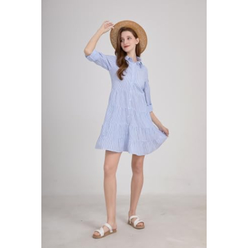 utcoco Womens Striped Button Down Midi Shirt Dress Casual Loose Cuffed Long Sleeve Mid Long Dresses (Medium, Blue)