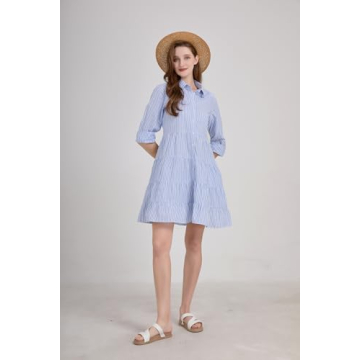 utcoco Womens Striped Button Down Midi Shirt Dress Casual Loose Cuffed Long Sleeve Mid Long Dresses (Medium, Blue)