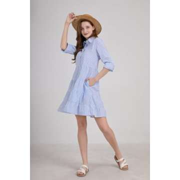 utcoco Womens Striped Button Down Midi Shirt Dress Casual Loose Cuffed Long Sleeve Mid Long Dresses (Medium, Blue)