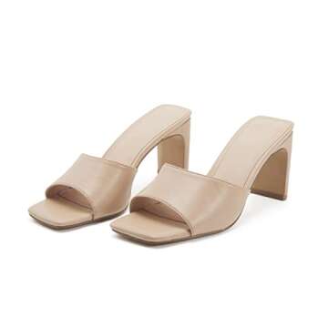 vodvob Women's Heeled Mules Square Open Toe Sandals Chunky Block Heels Open Back High Heel Slide Slipper Fashion Wedding Dress