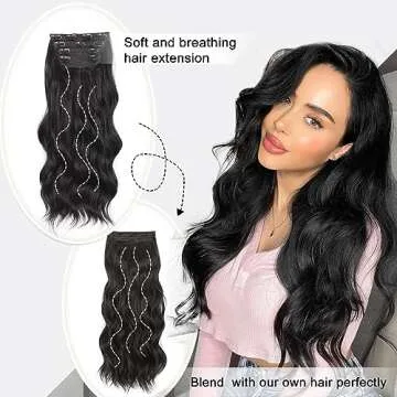 SHNMIN 20 inches Clip in Hair Extensions Long Wavy Black Hair Extensions 4PCS Thick Hairpieces Synthetic Fiber Double Weft Hair Extensions for Women