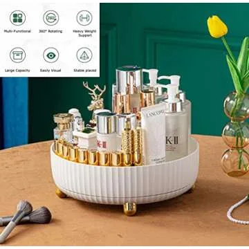Hisikou White 360 Rotating Makeup Organizer - Large Capacity Spinning Skincare Perfumes Organizer - Cosmetics Organizer for Vanity Countertop and Bathroom Dresser - Lazy Susan Bathroom Storage Box