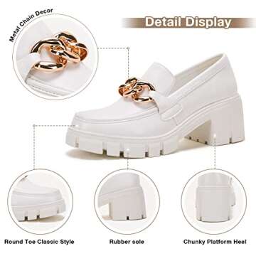 TINSTREE White Platform Loafers,Business Casual Loafers for Women Comfortable Fashion Chain Women's Loafers with Nail Black Flats Shoes Women Slip on Loafers for Women White,07