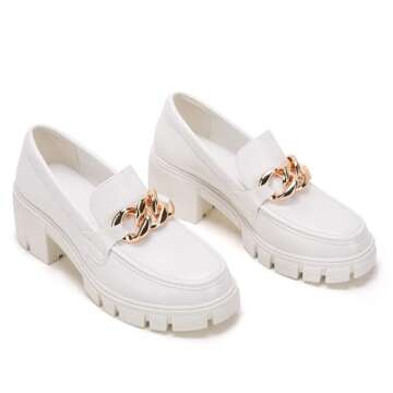 TINSTREE White Platform Loafers,Business Casual Loafers for Women Comfortable Fashion Chain Women's Loafers with Nail Black Flats Shoes Women Slip on Loafers for Women White,07