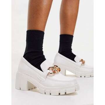 TINSTREE White Platform Loafers,Business Casual Loafers for Women Comfortable Fashion Chain Women's Loafers with Nail Black Flats Shoes Women Slip on Loafers for Women White,07