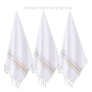 BAROOGA Hand Towels for Bathroom (Set of 3) Turkish Towel Decorative Farmhouse Towels for Kitchen, Fringe Tea Dish Cloth Set, Quick Dry and Highly Absorbent (18 x 38 inches) (Beige)