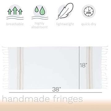 BAROOGA Hand Towels for Bathroom (Set of 3) Turkish Towel Decorative Farmhouse Towels for Kitchen, Fringe Tea Dish Cloth Set, Quick Dry and Highly Absorbent (18 x 38 inches) (Beige)