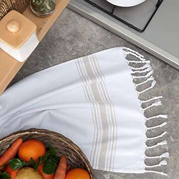 BAROOGA Hand Towels for Bathroom (Set of 3) Turkish Towel Decorative Farmhouse Towels for Kitchen, Fringe Tea Dish Cloth Set, Quick Dry and Highly Absorbent (18 x 38 inches) (Beige)