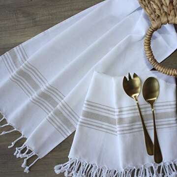 BAROOGA Hand Towels for Bathroom (Set of 3) Turkish Towel Decorative Farmhouse Towels for Kitchen, Fringe Tea Dish Cloth Set, Quick Dry and Highly Absorbent (18 x 38 inches) (Beige)