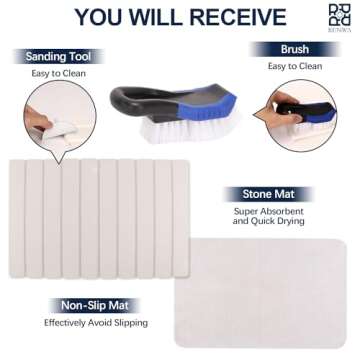 RENWA Rollable Stone Bath Mats for Bathroom | Diatomaceous Earth Bath Mat with Anti Slip Pad and Brush | Super Absorbent Quick Drying Bathroom Floor Mat | Easy to Clean 23.5" x 15"