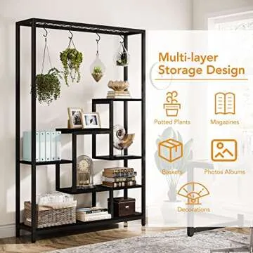 Tribesigns 5-Tier Tall Indoor Plant Stand, 70.9 inches Large Metal Plant Shelf with 6PC S Hanging Hooks, Multi-Purpose Flower Bonsai Pots Display Rack for Indoor, Garden, Balcony, Living Room, Black