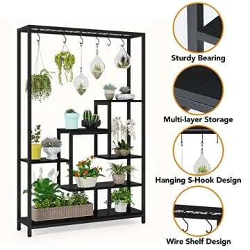 Tribesigns 5-Tier Tall Indoor Plant Stand, 70.9 inches Large Metal Plant Shelf with 6PC S Hanging Hooks, Multi-Purpose Flower Bonsai Pots Display Rack for Indoor, Garden, Balcony, Living Room, Black