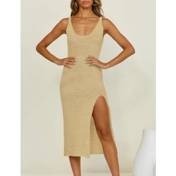 Bsubseach Crochet Swim Cover Up for Women 2025 Knit Sleeveless Swimsuit Coverup Beach Dress Side Slit Apricot
