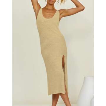 Bsubseach Crochet Swim Cover Up for Women 2025 Knit Sleeveless Swimsuit Coverup Beach Dress Side Slit Apricot