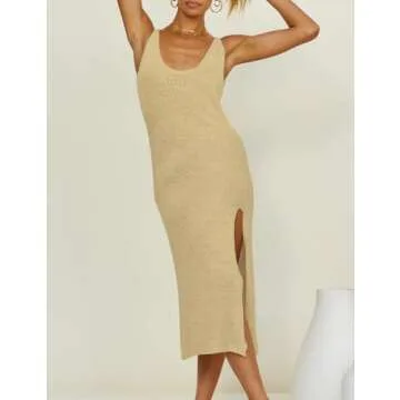 Bsubseach Crochet Swim Cover Up for Women 2025 Knit Sleeveless Swimsuit Coverup Beach Dress Side Slit Apricot