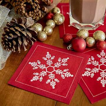 Five Star Napkins Holiday Napkins, Beverage Napkins, Dinner Napkin, Party Napkins, Small Napkins, Parties, Cocktails, Luncheon (Snowflake Red Cotton Cocktail - 50 Units)
