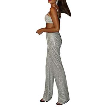 GuliriFei Women 2 Piece Glitter Sequin Outfits Long Sleeve Blazer Tops Sparkly Wide Long Pants Sparkle Tracksuit Clubwear (vest and pant, S)