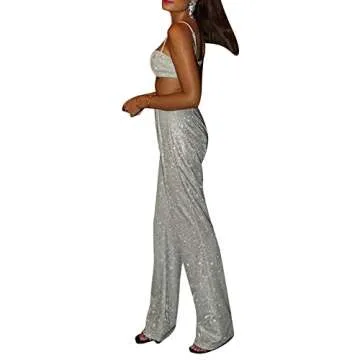 GuliriFei Women 2 Piece Glitter Sequin Outfits Long Sleeve Blazer Tops Sparkly Wide Long Pants Sparkle Tracksuit Clubwear (vest and pant, S)