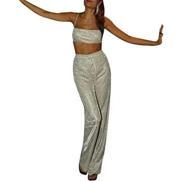 GuliriFei Women 2 Piece Glitter Sequin Outfits Long Sleeve Blazer Tops Sparkly Wide Long Pants Sparkle Tracksuit Clubwear (vest and pant, S)