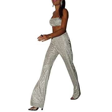 GuliriFei Women 2 Piece Glitter Sequin Outfits Long Sleeve Blazer Tops Sparkly Wide Long Pants Sparkle Tracksuit Clubwear (vest and pant, S)