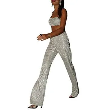 GuliriFei Women 2 Piece Glitter Sequin Outfits Long Sleeve Blazer Tops Sparkly Wide Long Pants Sparkle Tracksuit Clubwear (vest and pant, S)