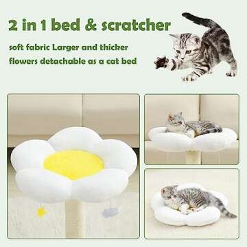 Hovicaed Cute Cat Scratching Post, Flower Cat Tree for Indoor Cats, Cat Scratcher with Bed, Sisal Scratch Posts Kittens Bed Large Perch Modern Small Cat Tower with Hanging Toys