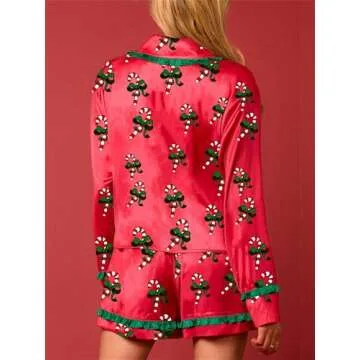 Alyweatry Women Christmas 2 Piece Pajama Set Cute Print Long Sleeve Button Down Shirt Elastic Shorts Holiday Sleepwear (Red Candy Cane Print, S)