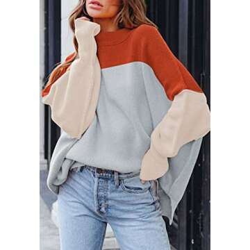 HAPCOPE Women's 2023 Fall Casual Oversized Pullover Sweaters Color Block Batwing Sleeve Crewneck Knit Jumpers Grey L