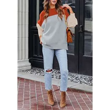 HAPCOPE Women's 2023 Fall Casual Oversized Pullover Sweaters Color Block Batwing Sleeve Crewneck Knit Jumpers Grey L