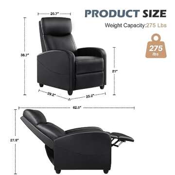 Sweetcrispy Recliner Chair for Adults, Massage PU Leather Small Recliner Home Theater Seating with Lumbar Support, Adjustable Modern Reclining Chair with Padded Seat Backrest, Living Room (Black)