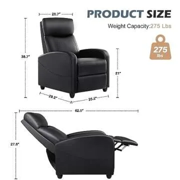 Sweetcrispy Recliner Chair for Adults, Massage PU Leather Small Recliner Home Theater Seating with Lumbar Support, Adjustable Modern Reclining Chair with Padded Seat Backrest, Living Room (Black)