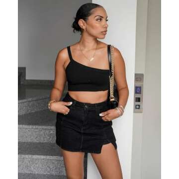 Vetinee Denim Skirt with Shorts Shorts Womens Jean Skorts High Waisted Black Shorts for Women Stretch Skort Black Skort for Women Black High Waisted Skort Soft Black X-Large Fits Size 16 / Size 18