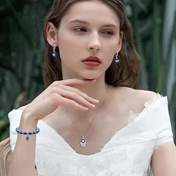 MOZAKA 24pcs Evil Eye Pendant Necklaces for Women Men Evil Eye Charms Bracelets for Blessing Blue Evil Eye Earrings Adjustable Evil Eye Rings Turkish Lucky Protection Jewelry Set