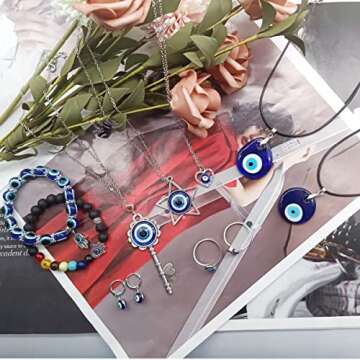 MOZAKA 24pcs Evil Eye Pendant Necklaces for Women Men Evil Eye Charms Bracelets for Blessing Blue Evil Eye Earrings Adjustable Evil Eye Rings Turkish Lucky Protection Jewelry Set