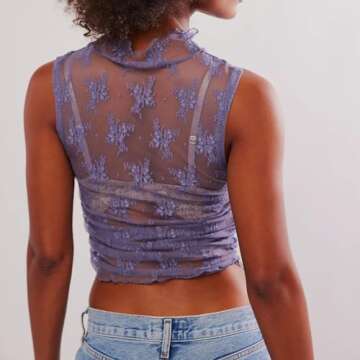 Naileksi Women Sleeveless See Through Lace Mesh Crop Top Mock Neck Ruched Side Slim Fit Floral Sheer Cropped Tank Top Purple