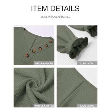 BTFBM Women Long Sleeve Shirts Fall Fashion 2025 V Neck Loose Casual Blouse Deco Button Lightweight Waffle Knit Pullover(Army Green, Medium)