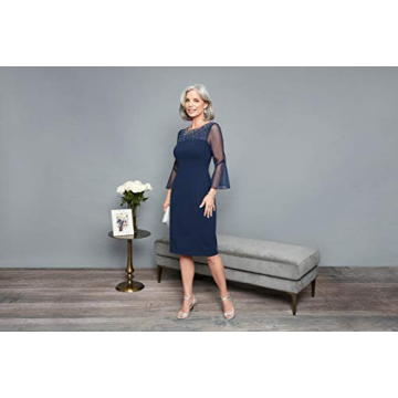 Alex Evenings Women's Short Shift Cocktail Dress with Embellished Illusion Detail, Wedding Guest (Petite and Regular Sizes), Navy/Silver, 4