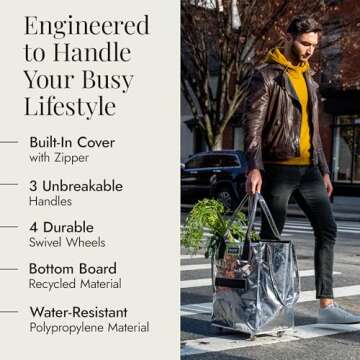 HULKEN (Medium, Silver) Reusable Grocery Bag On Wheels, Shopping Trolley, Rolling Tote, Zipper Closu...