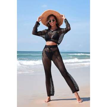Pink Queen Swim Cover Up for Women 2 Piece Oversized Crochet Crop Top High Waisted Pants Beach Coverups Black M