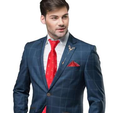 Mens Christmas Tie Set Red Xmas Tree Tie for Men Holiday Novelty Necktie and Pocket Square Party Vac...