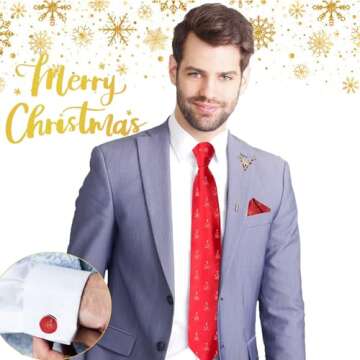 Mens Christmas Tie Set Red Xmas Tree Tie for Men Holiday Novelty Necktie and Pocket Square Party Vacation Fun Festival Gift