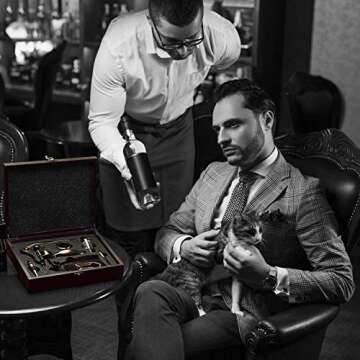 Wine Bottle Opener Set | Best Sellers Openers Kit | Enthusiast Corkscrew for Travel with Foil Cutter, Stand, Plug, Wine Aerator, Drip Ring + Engraved Wooden Gift Box