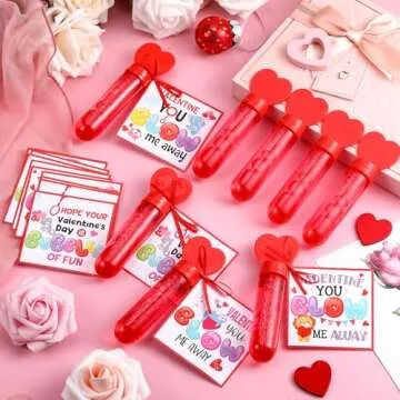 Rotatingpals 24 Set Valentines Day Gifts for Kids, Include 24 Pcs 7.9 x 0.4” Red Heart Bubble Wands with Bubbles Solution, 24 Animal Valentine Cards Party Favors for Classroom Exchange Gifts Prizes