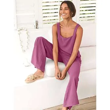 ANRABESS Women's 2 Piece Outfits Linen Pants Jumpsuit Matching Lounge Set Casual Summer Beach Vacation Trendy Clothes Rose Small