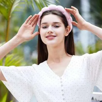 Ztomine Spa Headbands, Set of 2 - Terry Cloth Face Wash Headbands for Women - Puffy Makeup Headbands for Facial, Mask (Pink, Orange)