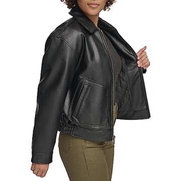 Levi's Women's Faux Leather Lightweight Dad Bomber Jacket, Pebbled Black